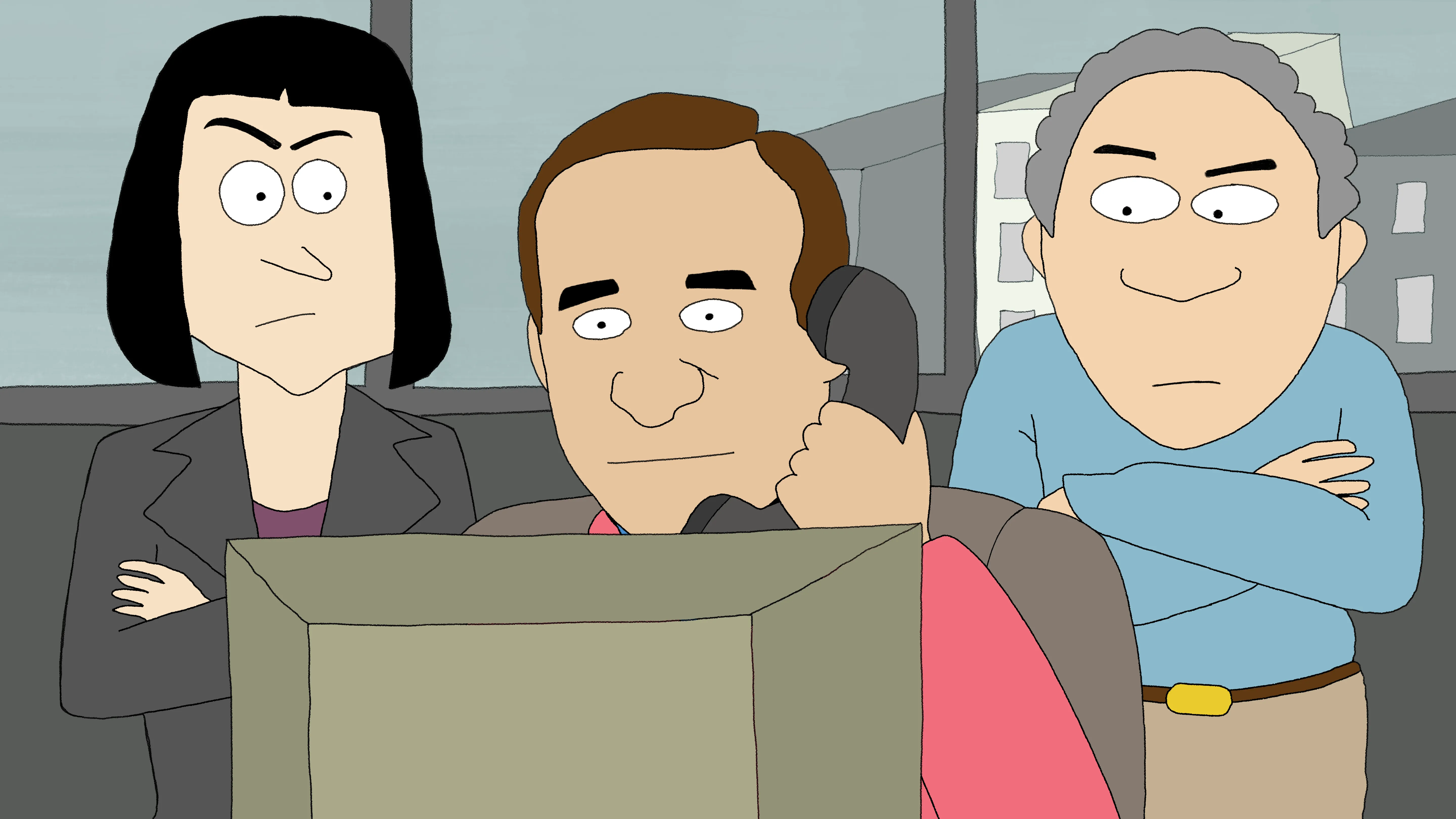 Cartoon of a man on the phone at a computer, with two coworkers standing behind him