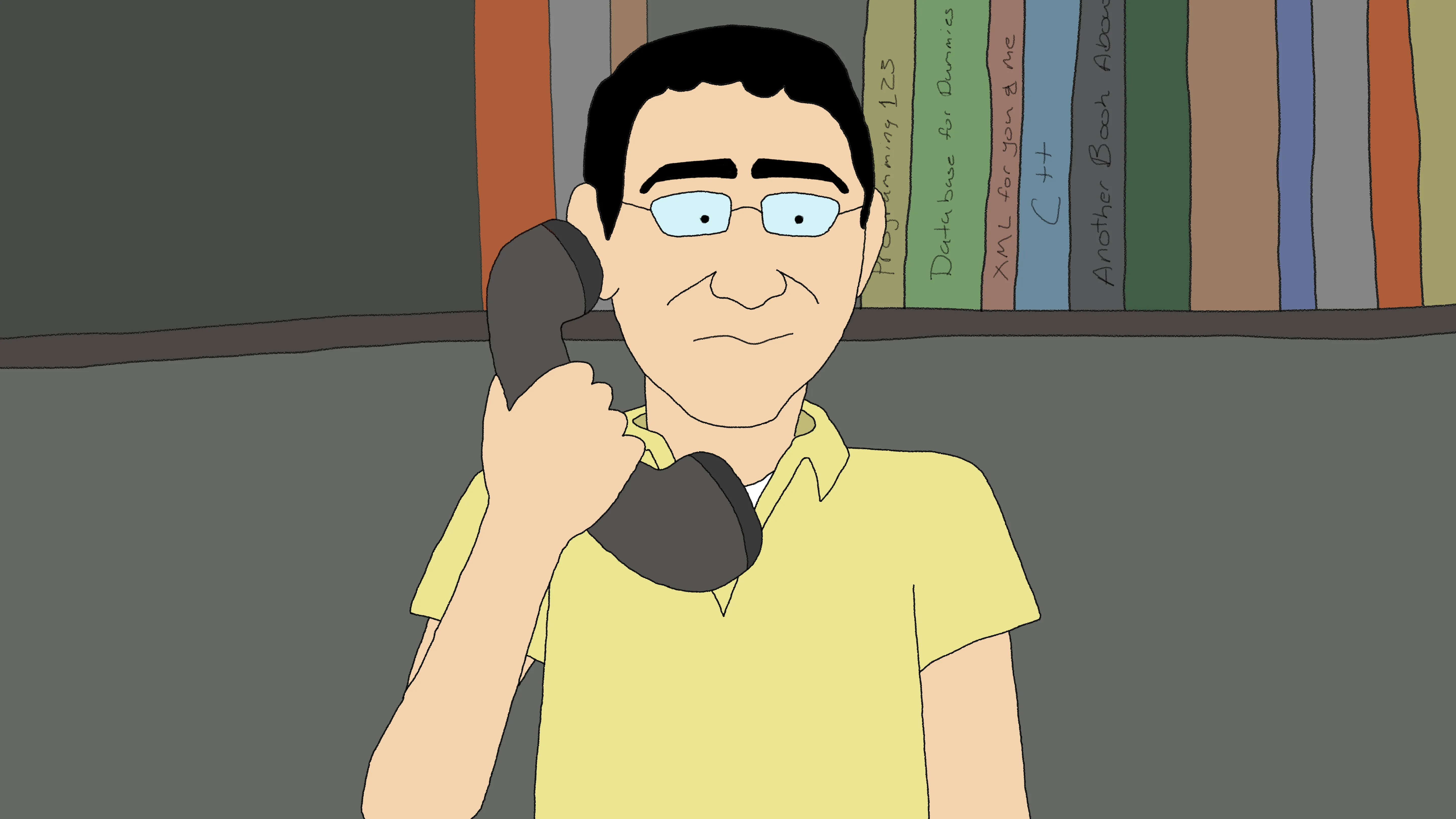 Cartoon of a man in glasses on the phone in front of a bookshelf