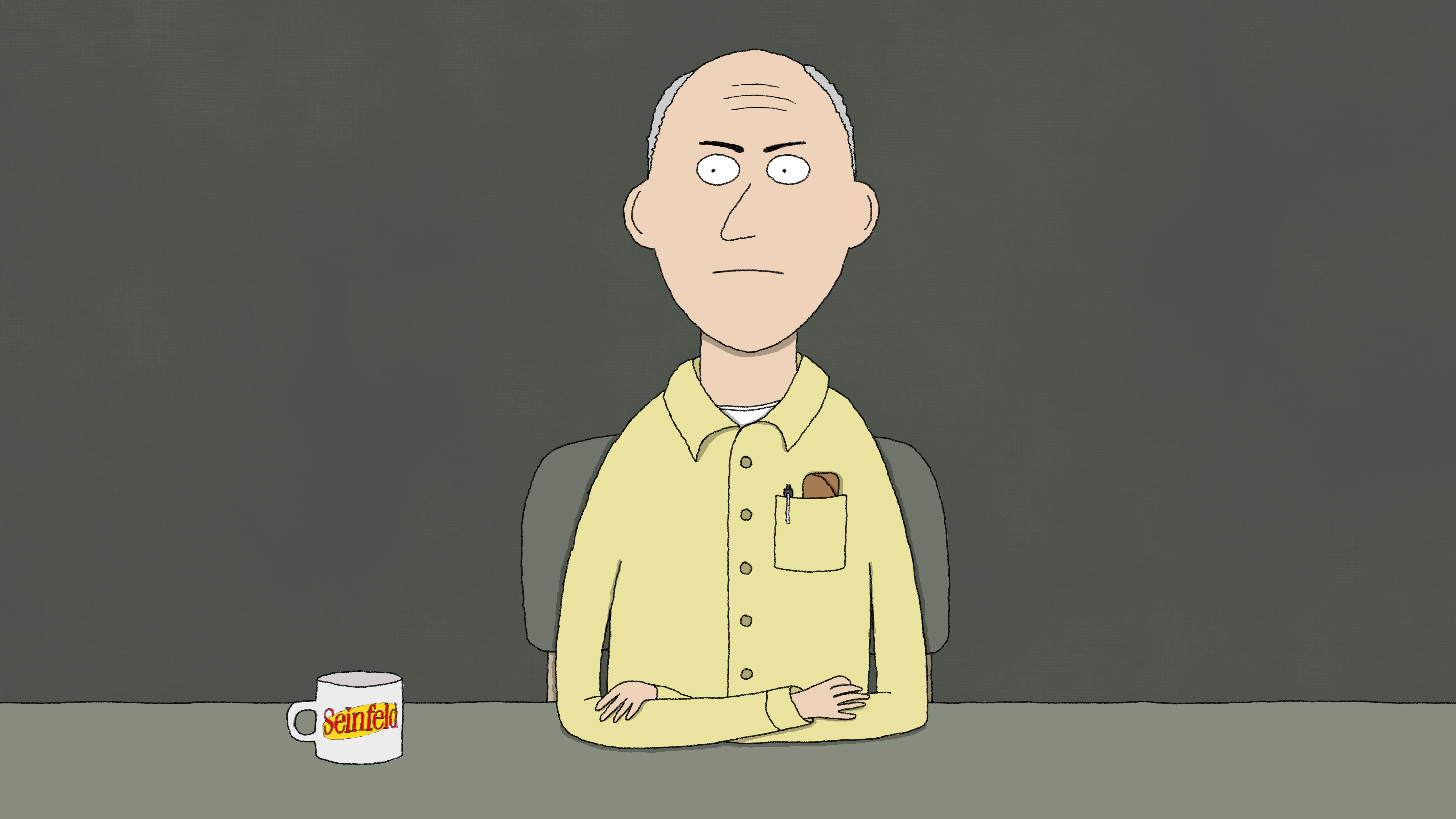 Cartoon of a bald man in a yellow shirt sitting at a table with a coffee mug