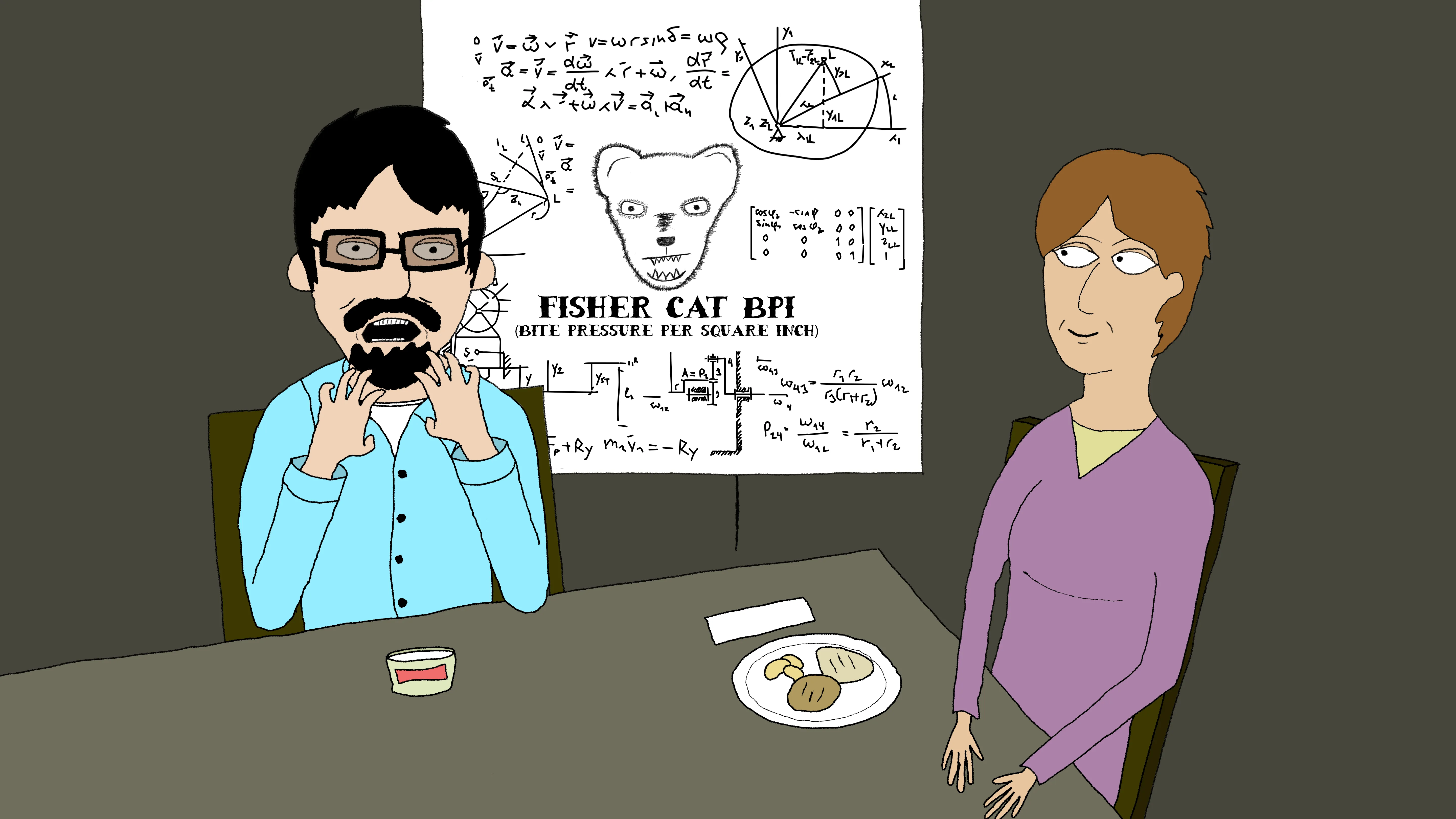 Cartoon of a bearded man and a woman at a lunch table, with a “Fisher Cat BPI” diagram on the wall