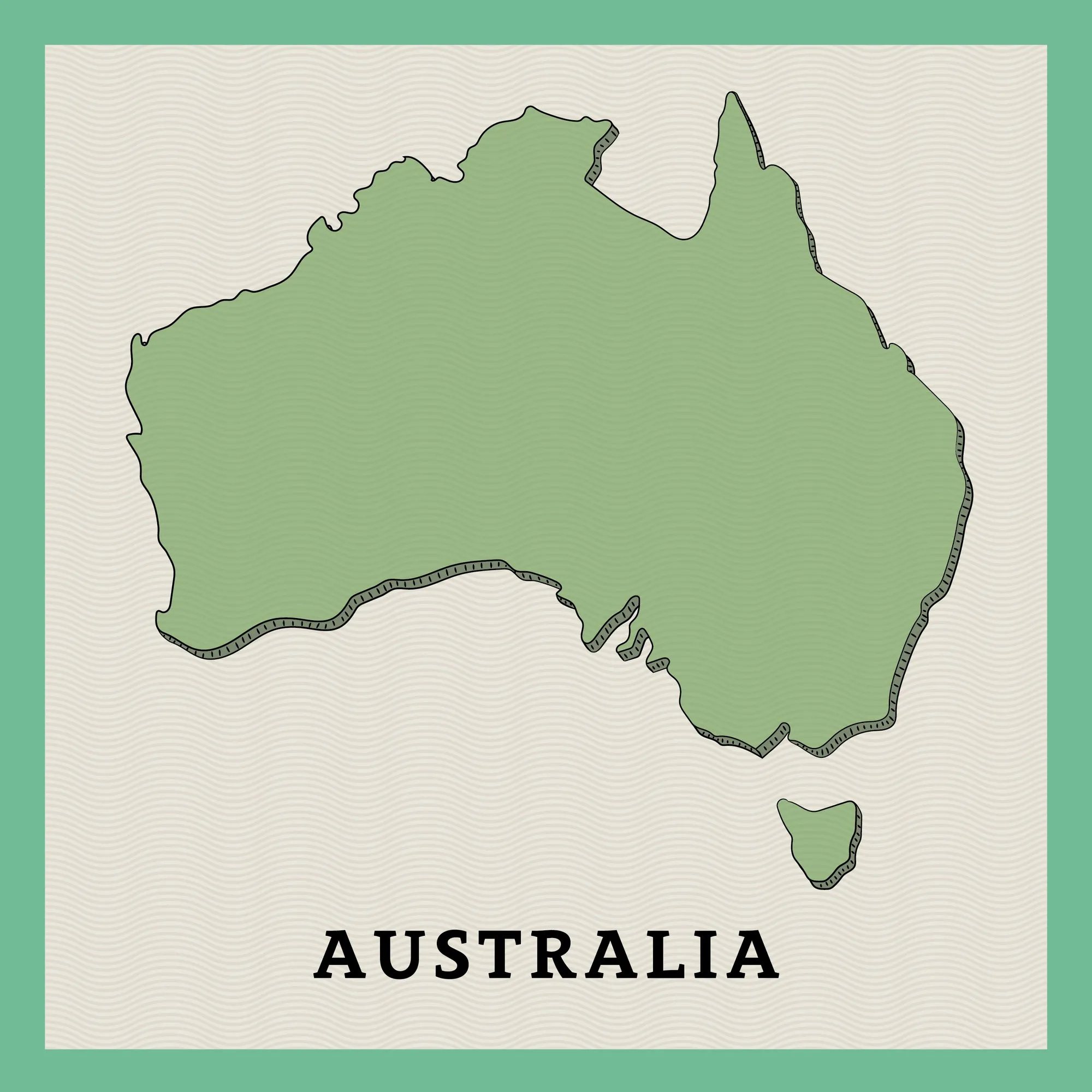 Illustrated green map of Australia labeled “AUSTRALIA” on a cream card with a green border