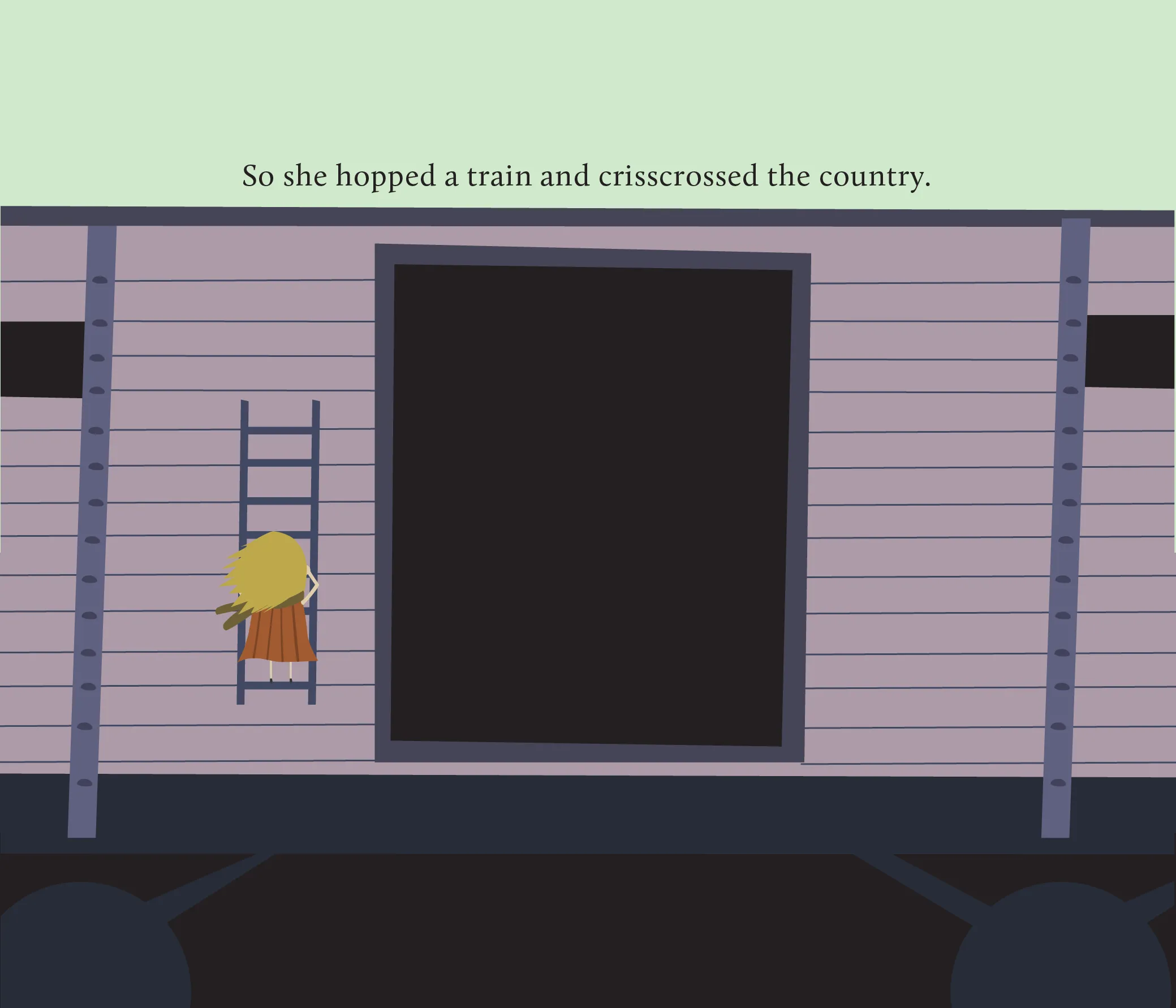 Beatrice climbing the ladder of a freight train car, with the text “So she hopped a train and crisscrossed the country.”