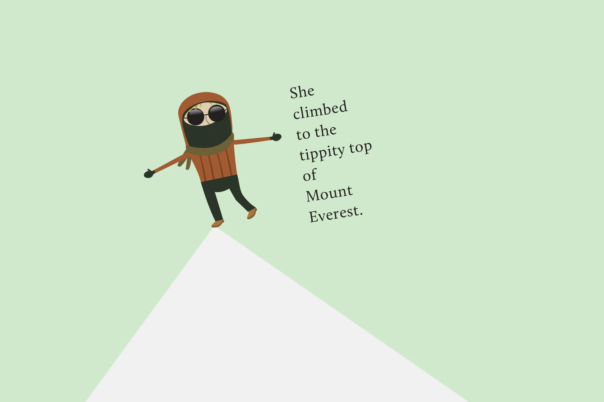 Beatrice Bean in goggles and a scarf standing on a snowy peak, with the text “She climbed to the tippity top of Mount Everest.”