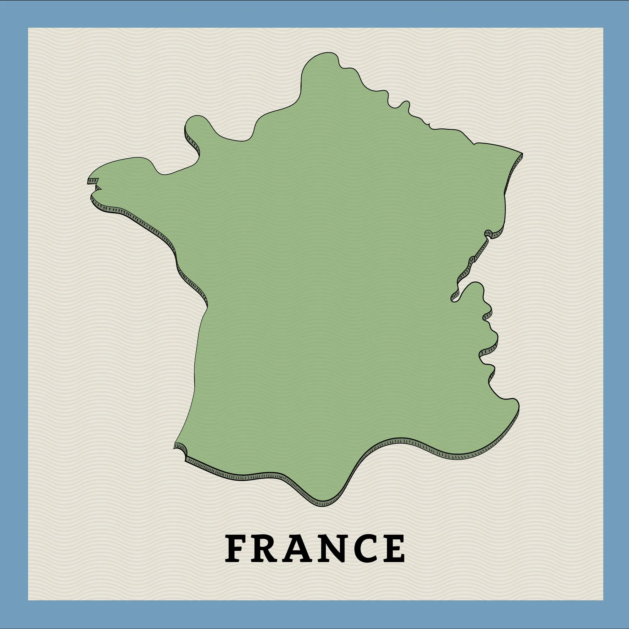 Illustrated green map of France labeled “FRANCE” on a cream card with a blue border