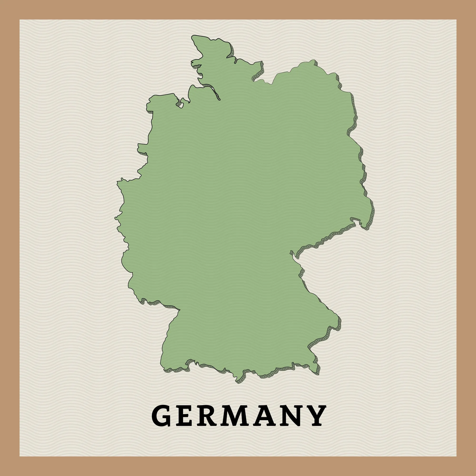 Illustrated green map of Germany labeled “GERMANY” on a cream card with a tan border