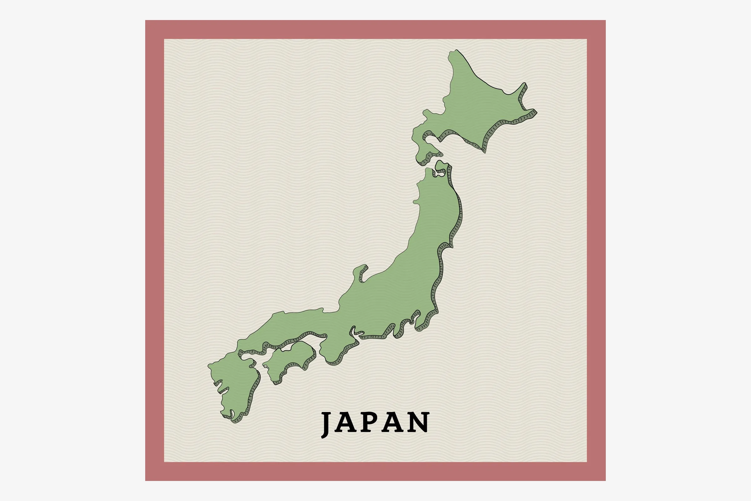 Illustrated green map of Japan labeled “JAPAN” on a cream card with a red border