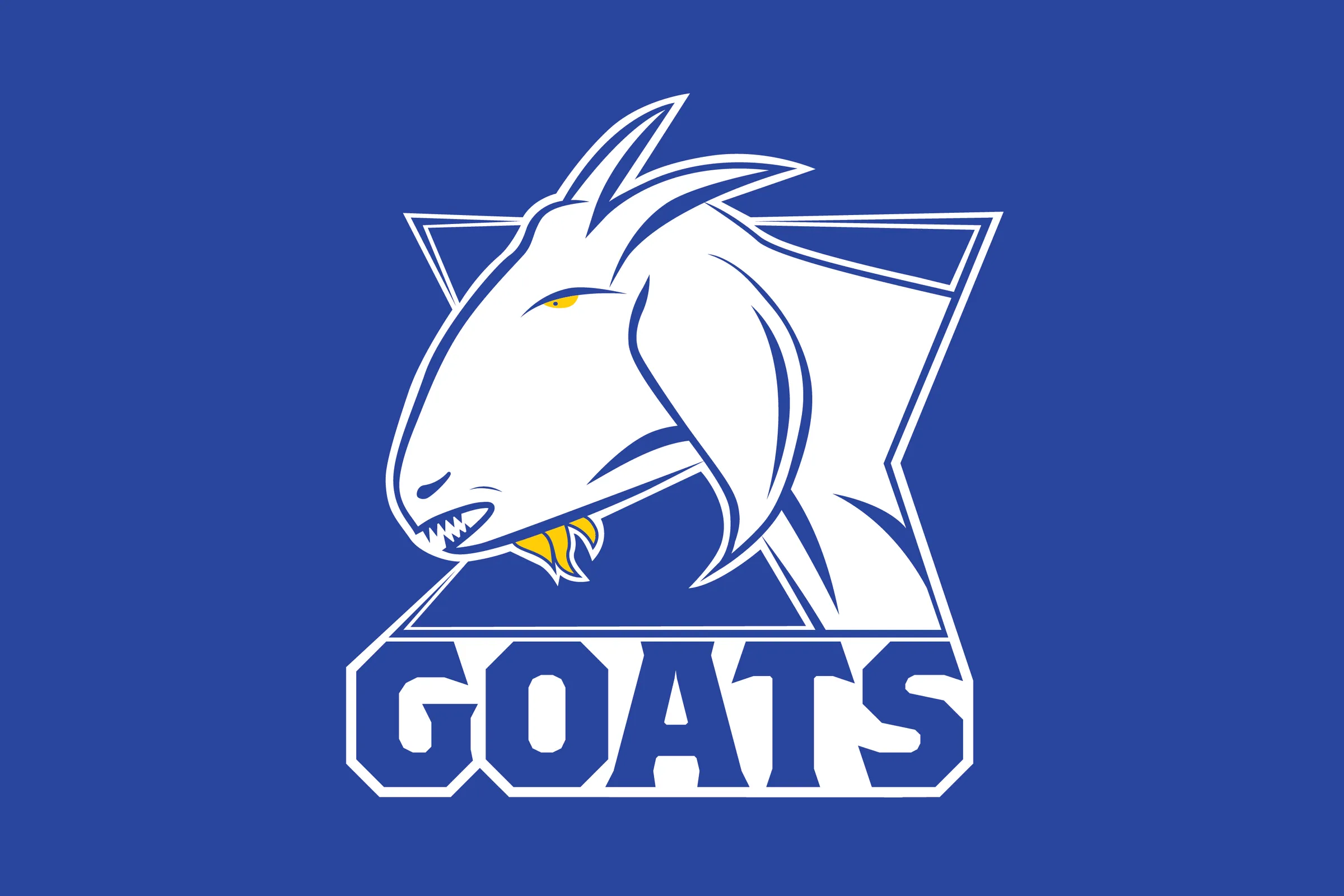 Goats logo, a white goat head over a blue triangle with “GOATS” below, on a blue background