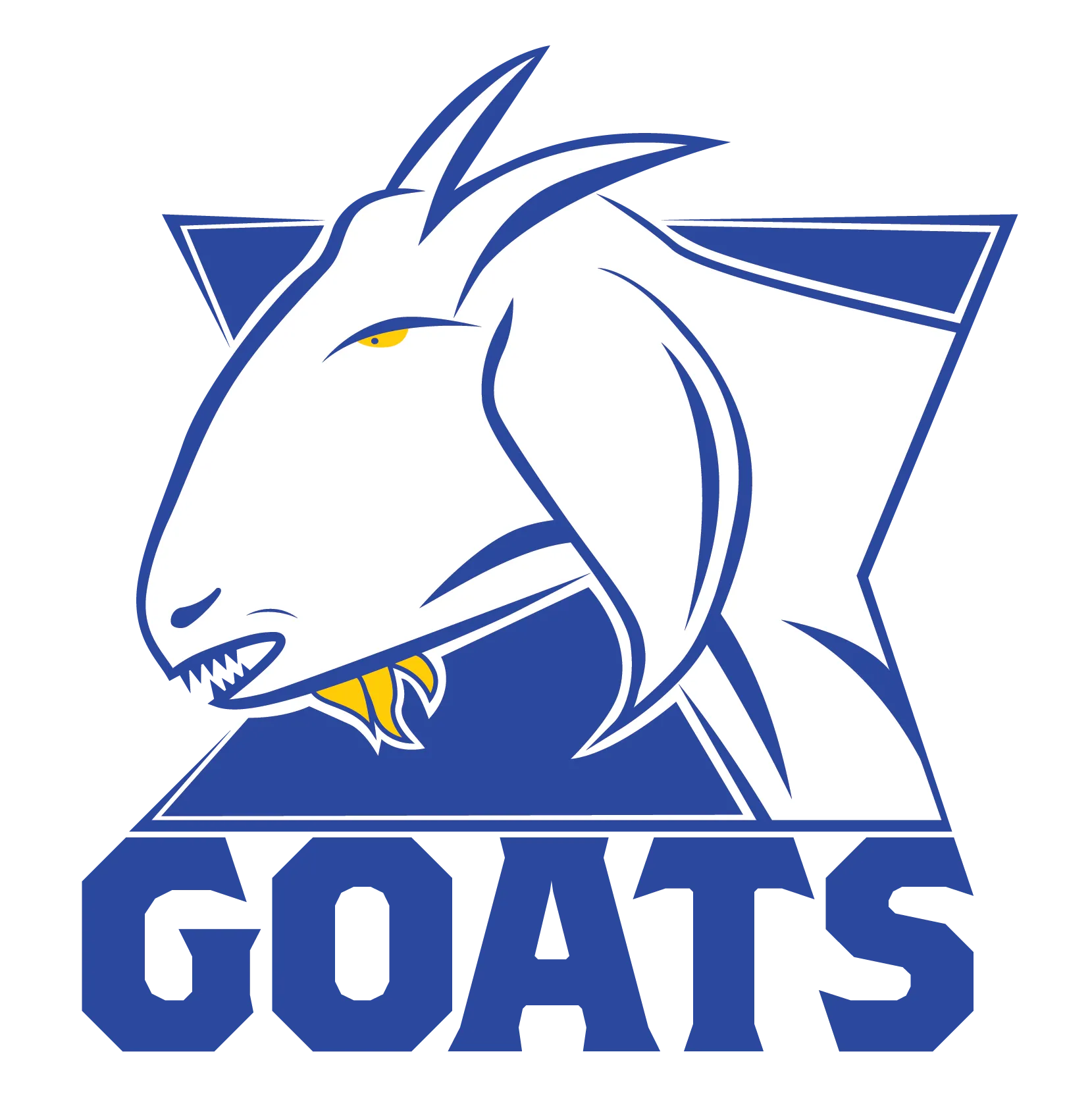 Goats logo in blue on white, a goat head over a triangle with “GOATS” below