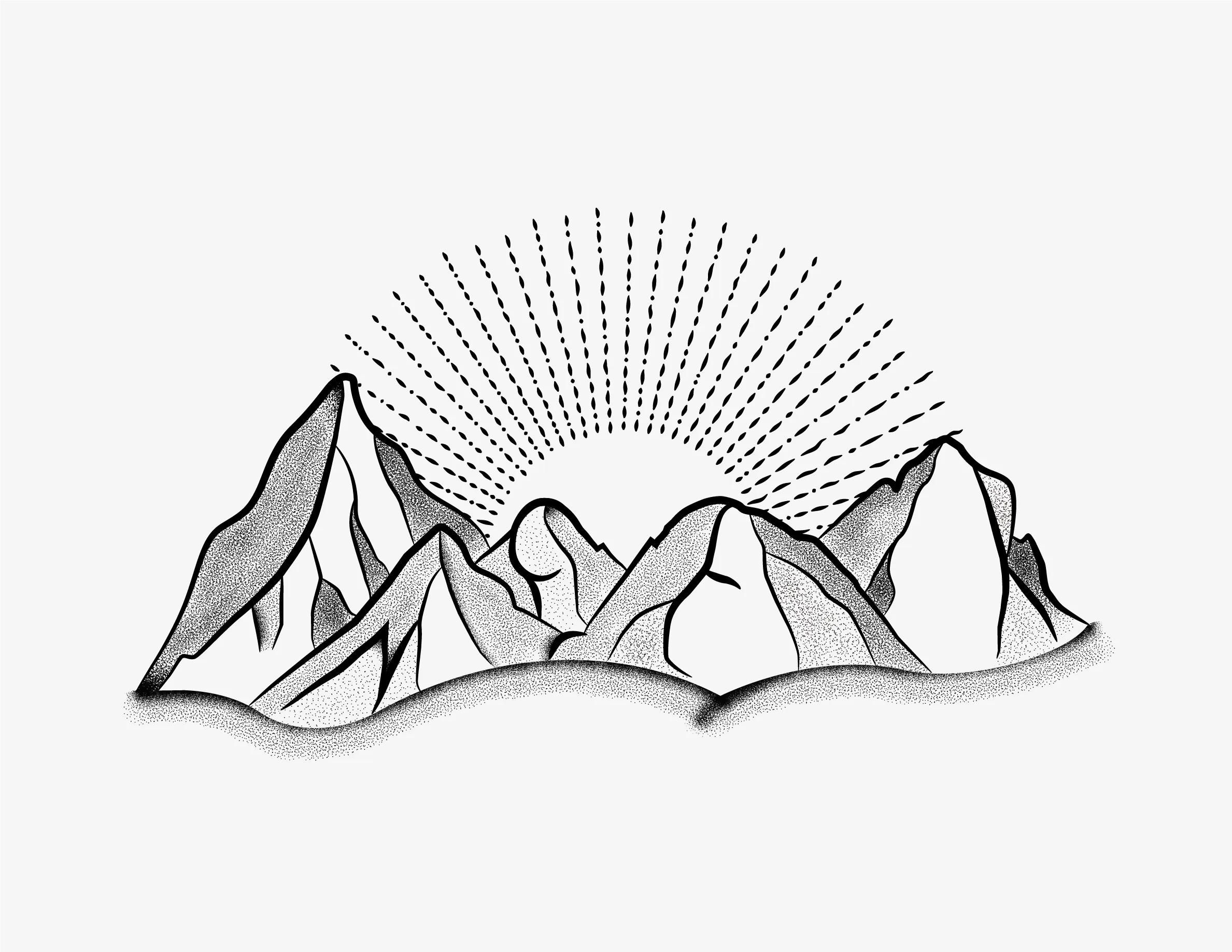 Pen and ink illustration of five mountains with the sun rising behind them